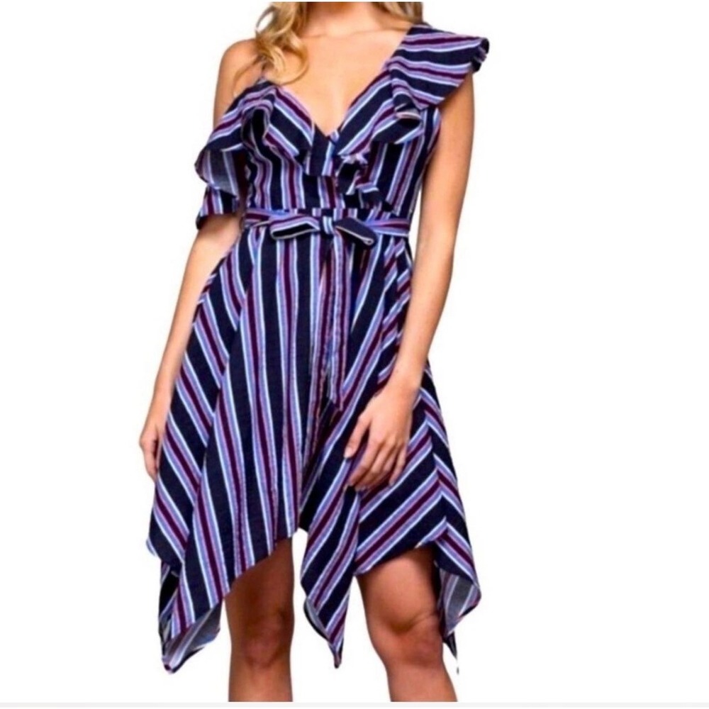 DO+BE Striped Ruffle Cold Shoulder Dress Womens Small Navy Blue Y15662